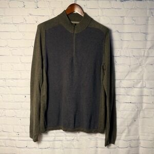 Eddie Bauer Mens Large 1/4 Zip Sweater Olive Green Navy Cotton Merino Wool Blend